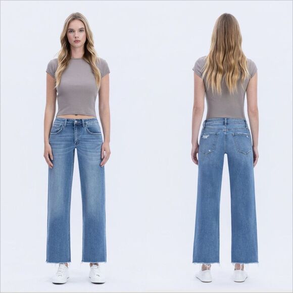 Vervet Dad Jean Size 28 High Rise Ankle Wide Leg Stretch Medium Wash Raw Hem - Picture 1 of 7